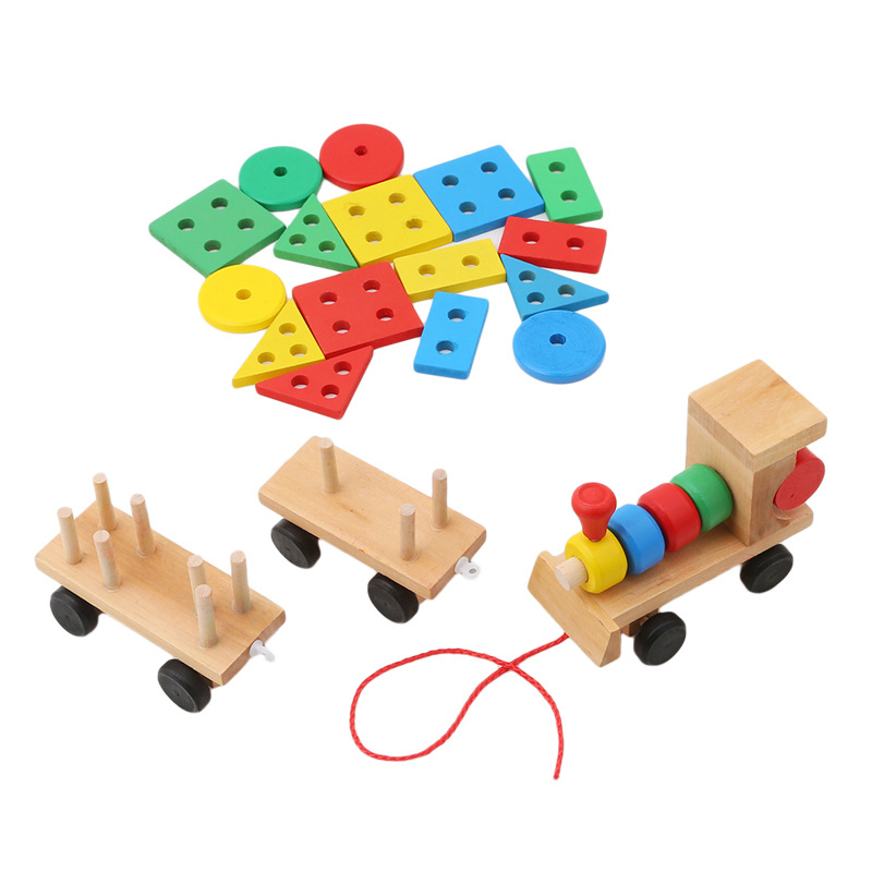Wooden Small Train Toy Car Three Section Shape Drag Car Toy Children′ S Educational Toys Fun Early Education Building Blocks