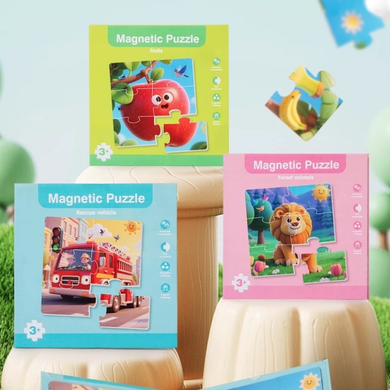 Wooden Children's Magnetic Puzzle Book Transportation Fruits Animals Educational Flat Puzzle Toy for Toddler Brain Development