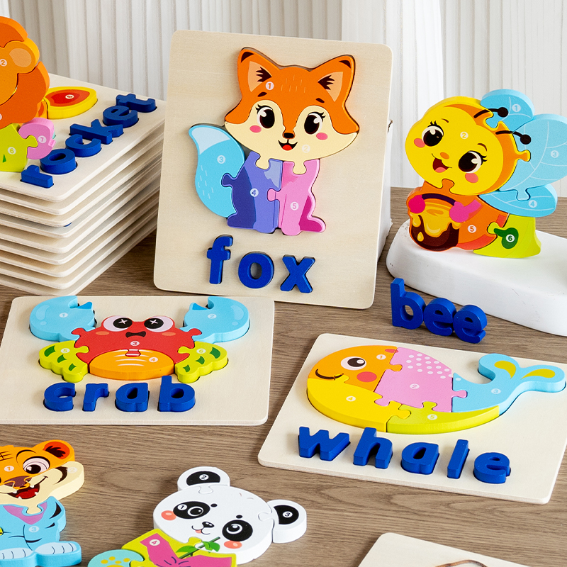 Montessori Classic Wood 3D Alphabets &amp; Animal Jigsaw Puzzles Educational DIY Toys Under 50 Pieces for 2-4 Years Family Learning