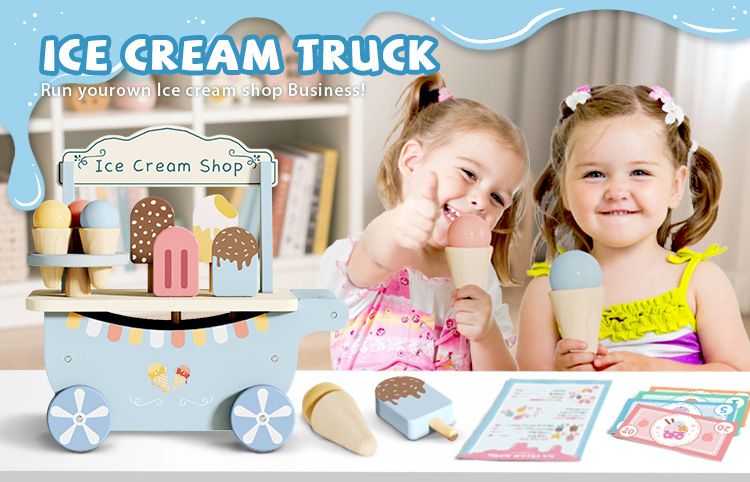 Children Wooden Ice Cream Shop Play to Learn Trolley Role Play Pretend Toy Kids Early Education Wooden Kitchen Toy