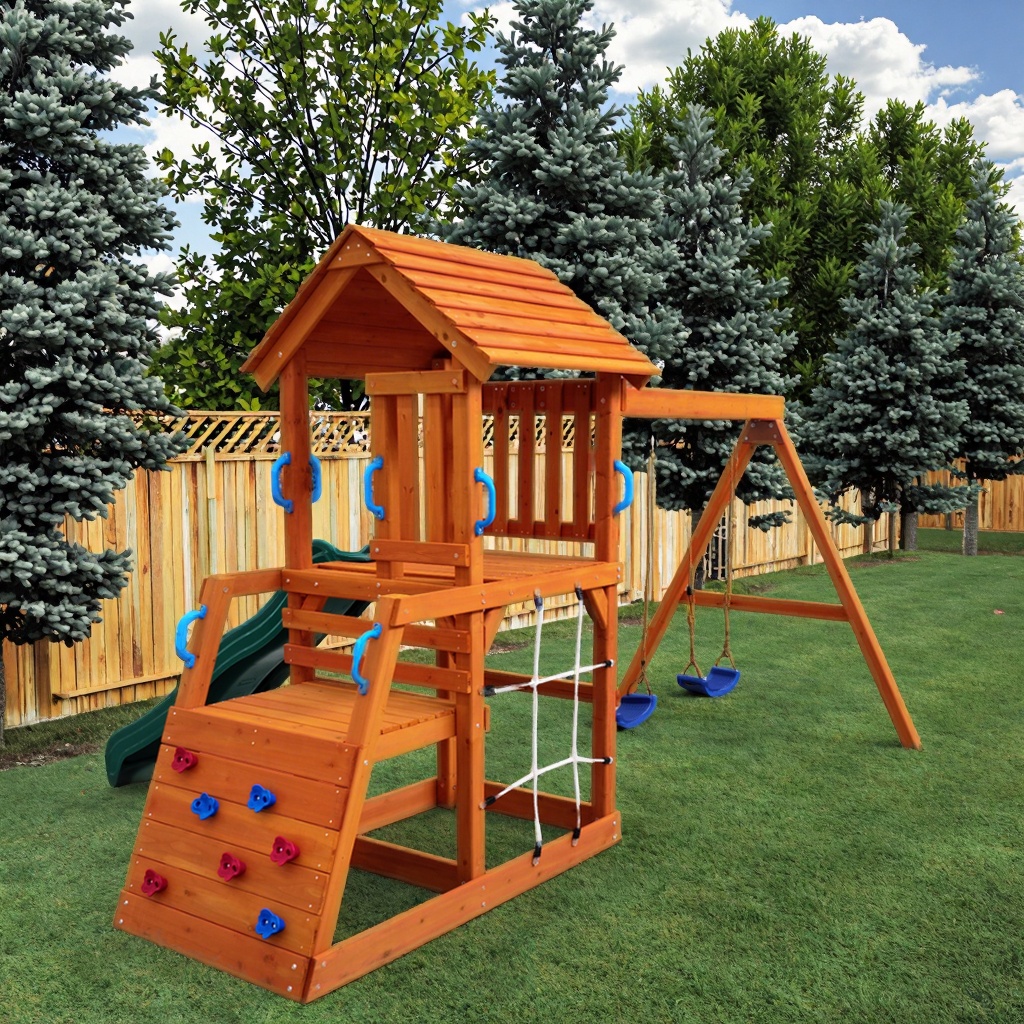 Children Wooden Outdoor Playground Climbing Frame Slide Kids Swing Set