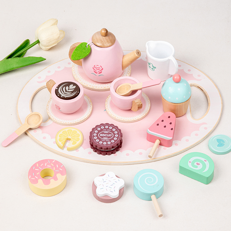Unisex Educational Afternoon Tea Set Pretend Play Toy MDF Wooden Kitchen Play Set for Kids EN71 Certified Box Packed