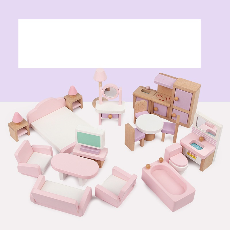 Wholesale Kids Wooden Doll House Pink Miniature Pretend Play Furniture Toy for Girls DIY Usage