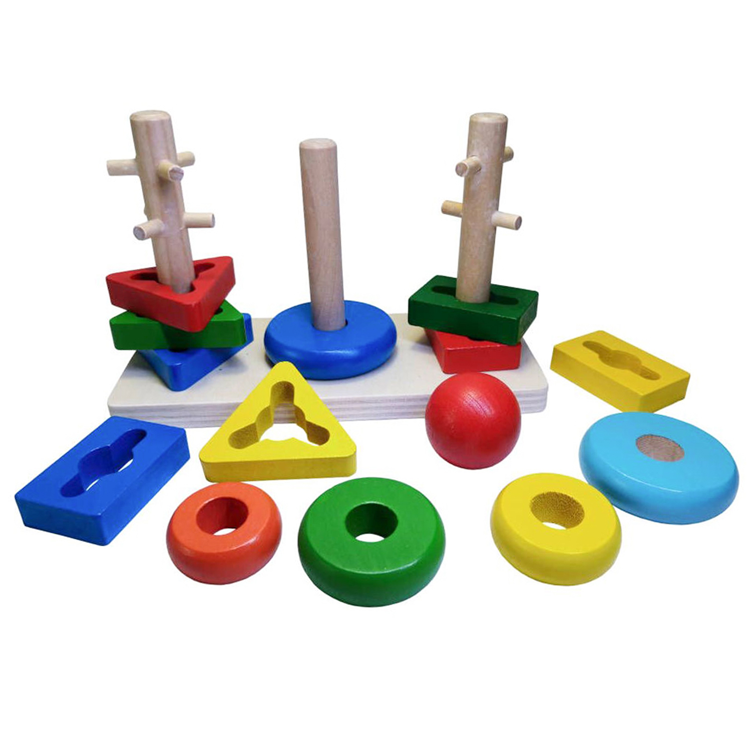 Children Toddler Educational Intelligence Game Baby Colored Wooden Rainbow Three Column Stacker Tower Ring Stacking Wood Toys