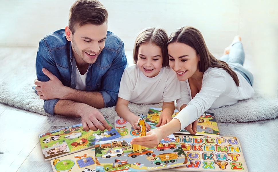 Toddler wooden peg puzzle detailing smooth edges and knobs