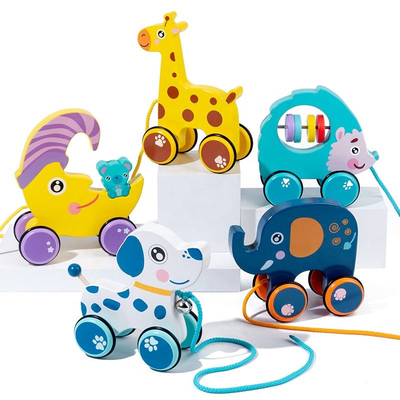 Best-Selling Wooden Pull-Along Walking Bus Toys Early Educational Rolling Animal Pounding Bench Set for Kids and Toddlers