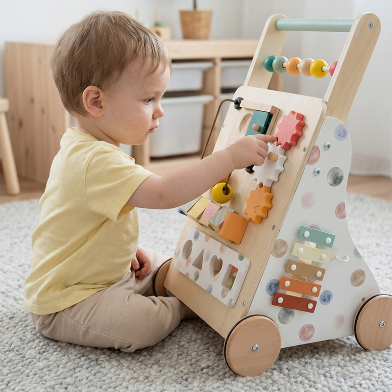 Qiaike Children's Wooden Montessori Activity Center Baby Walker Balance Walker Push Cart Toys for 0-3 Years Old 10KG Load