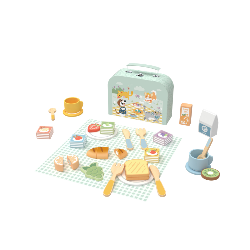 Wooden Kids Slice &amp; Share Picnic Basket Toys Pretend Play Kitchen Food Set Simulation Afternoon Tea Dessert Toys Gift