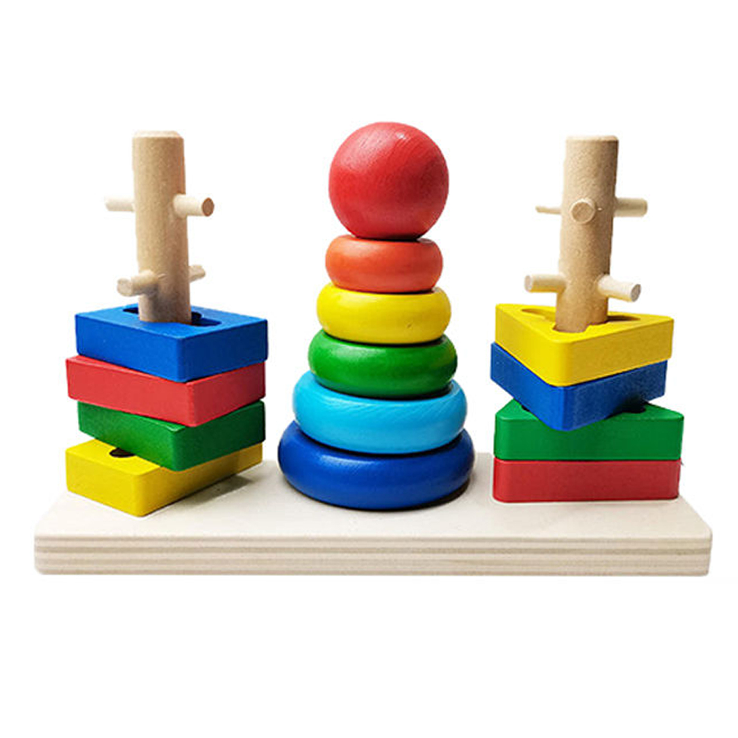 Children Toddler Educational Intelligence Game Baby Colored Wooden Rainbow Three Column Stacker Tower Ring Stacking Wood Toys