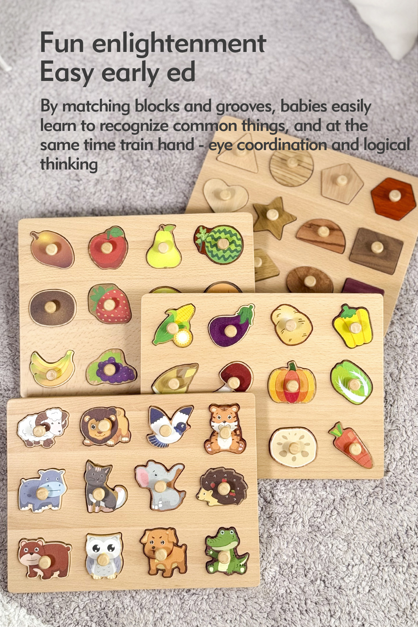 Wooden Montessori Educational Toys for Toddlers 1-3 Years Sensory Solid Wood Animal Veggie Fruit Peg Puzzle Board
