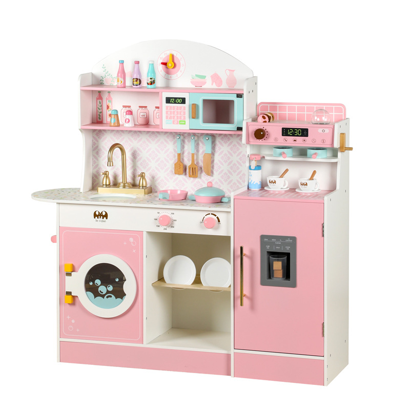 Children's Wooden Pretend Kitchen Play Set with Coffee Machine &amp; Refrigerator Educational Interactive Parent-Child Cooking Toy