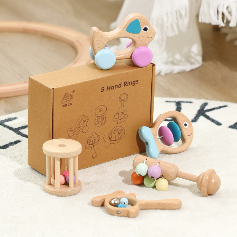 Wooden Baby Colorful Hand Rattle Five-Piece Set Crib Bell Music Early Education Grasping Soothing Instrument Toy