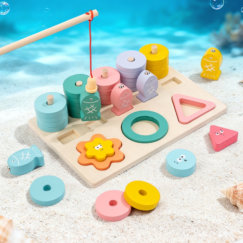 3 In 1 Wooden Stacker Colorful Shapes Sorter Blocks Fishing Game Wooden Table Toy For Children