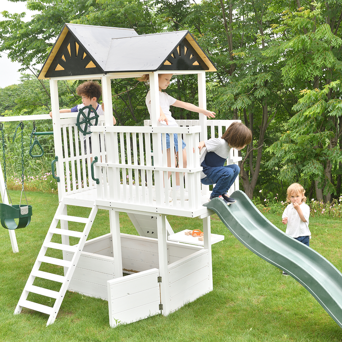 Medium Size Outdoor Wooden Play Set with Swing and Slide for Kids' Backyard Play Ground