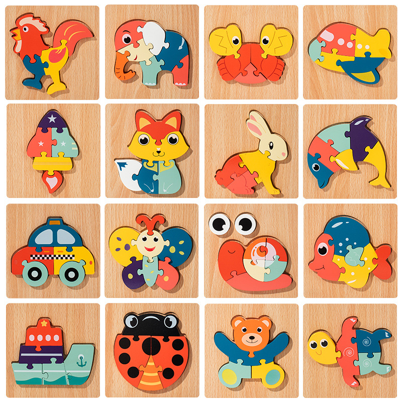 Wooden Chunky Animal Puzzle Board, 3D Snap-In Jigsaw for Toddlers, Early Educational Sensory Toy with Animal &amp; Vehicle Designs