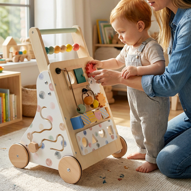 Qiaike Children's Wooden Montessori Activity Center Baby Walker Balance Walker Push Cart Toys for 0-3 Years Old 10KG Load