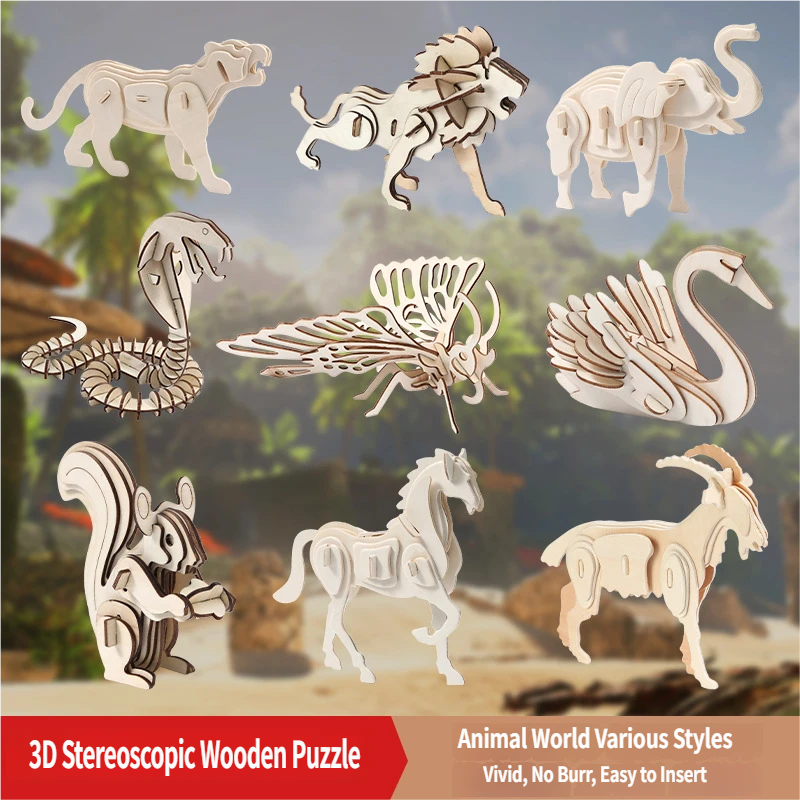 3D Wooden Animal World Puzzle DIY Kids' Animal Model Toy Cross-Border Wholesale