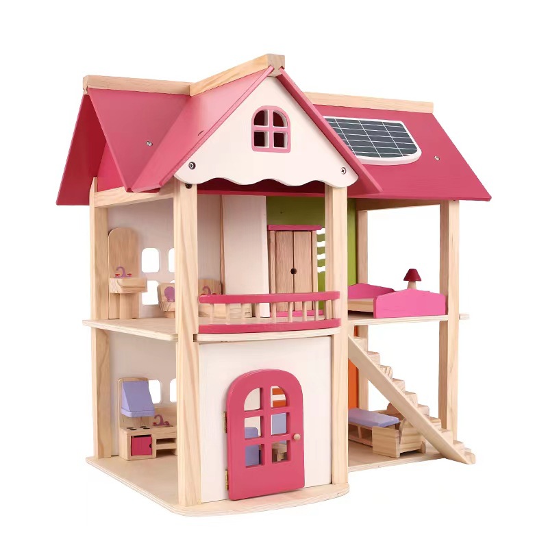 Wooden Dollhouse, Pink Princess Castle Pretend Play House, Toddler Handmade Toy for Girls Age 3+
