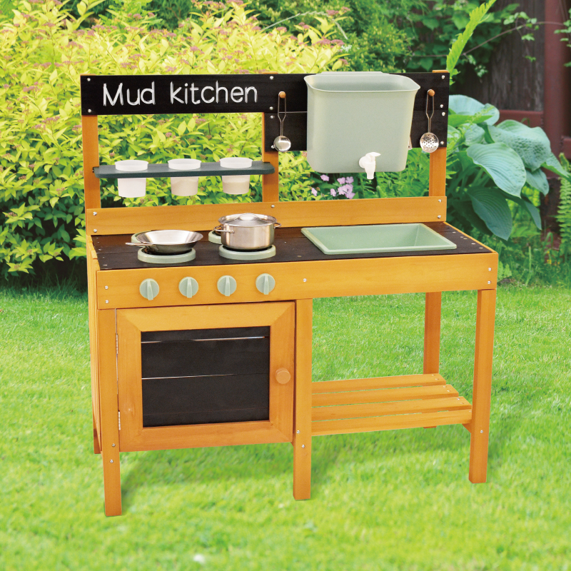 COMMIKI Wooden Outdoor Mud Kitchen for Kids with Sink Stove Tool Table Pretend Cooking Toy for Garden Preschool Water Play