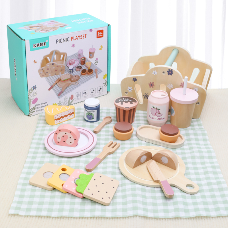Youlebei Montessori Wooden Picnic Children's Pretend Play Food Set Basket Educational Outdoor Toy 3-8 Years Unisex Sample