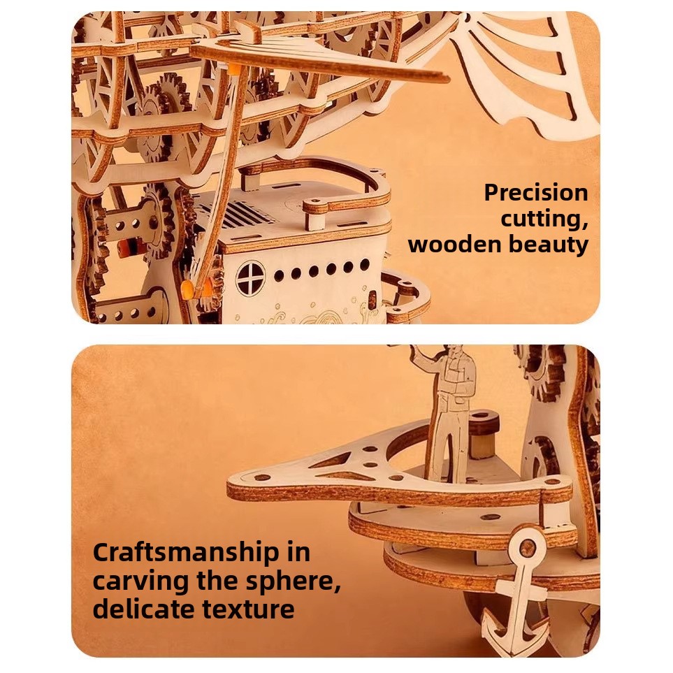 Hamaileon Music Box Airship Wooden Mechanical Rotation 3D Model Assembled Puzzle 51-100 Pieces Handmade DIY Toy Gift