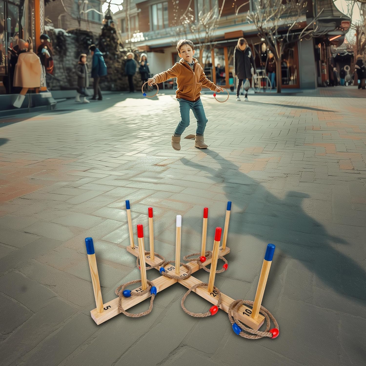 Wooden Ring Toss Game Outdoor Fun with 9 Poles 10 Rings and Carrying Bag Easy to Set Up Carry Portable Yard Games Toys