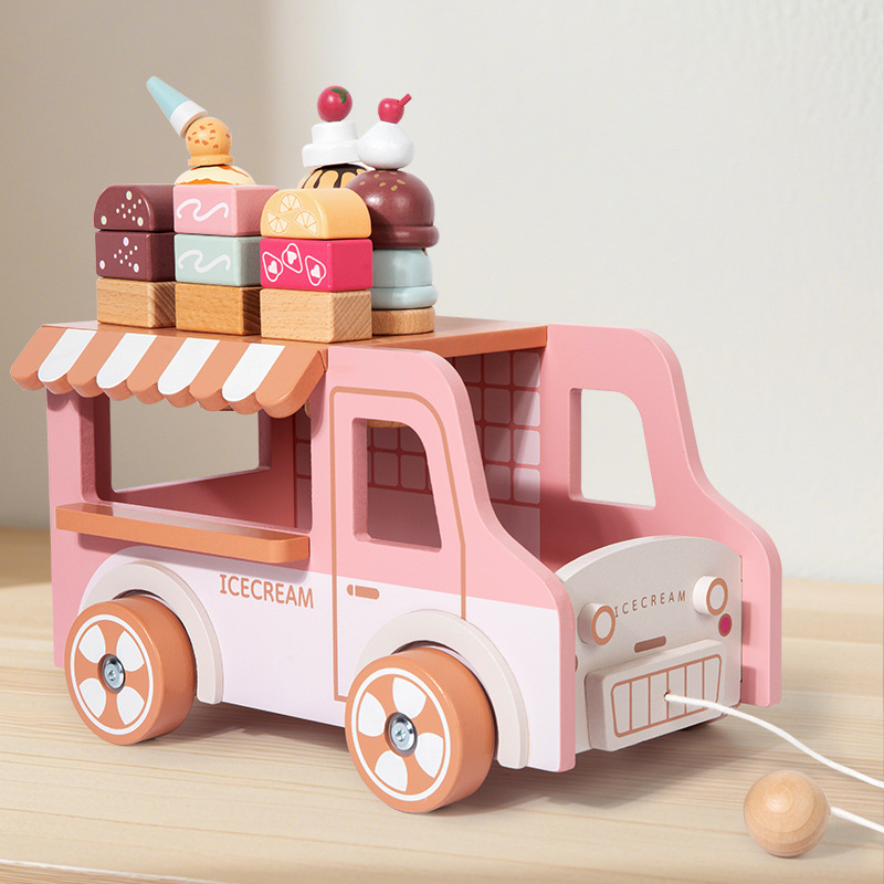 Wooden Ice Cream Truck Pull Along Toy for Toddlers Montessori Pretend Play Food Educational Wood Toy for Kids