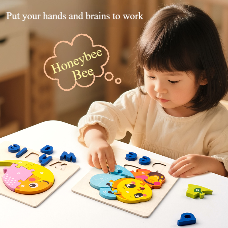 Montessori Classic Wood 3D Alphabets &amp; Animal Jigsaw Puzzles Educational DIY Toys Under 50 Pieces for 2-4 Years Family Learning