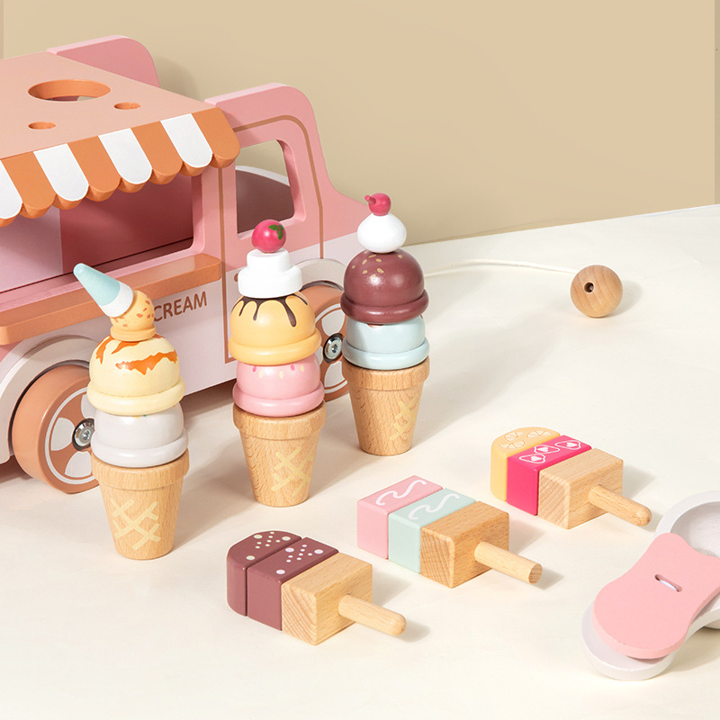 Wooden Ice Cream Truck Pull Along Toy for Toddlers Montessori Pretend Play Food Educational Wood Toy for Kids