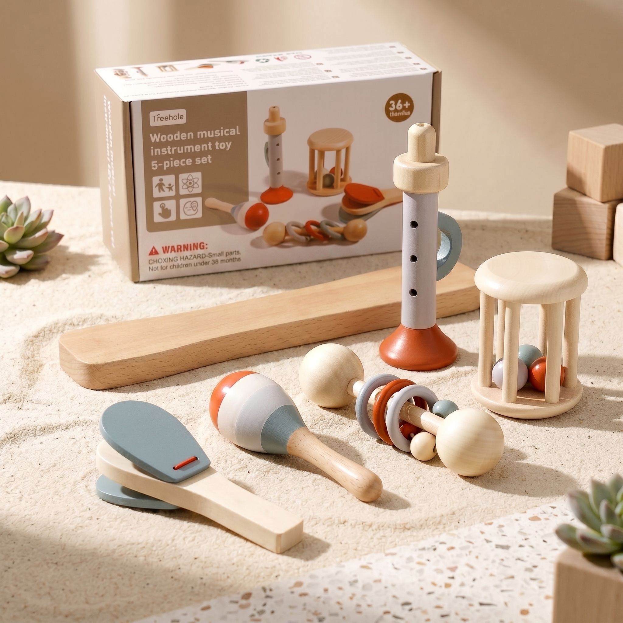 5/7 Pcs Montessori Wooden Musical Instrument Set Neutral Color Baby Sensory RattleEducational Percussion Toys for Toddlers