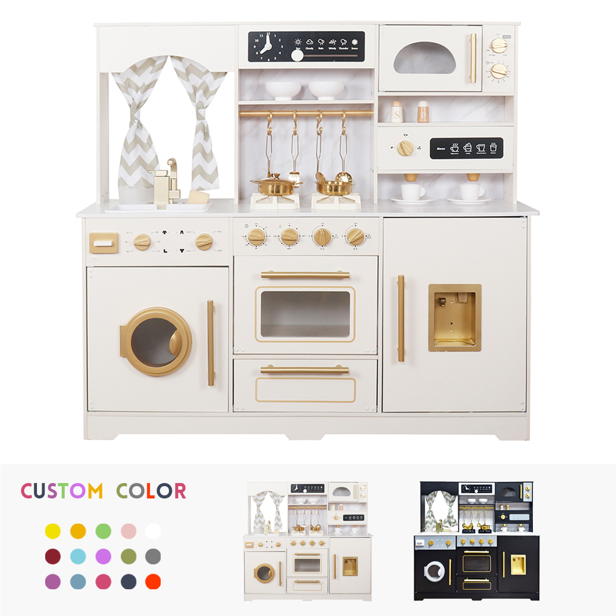 Wooden Kids Play Kitchen Toy Kitchen Set with Lights and Sounds,Ice Maker,Coffee Maker and Running Water W10C853E