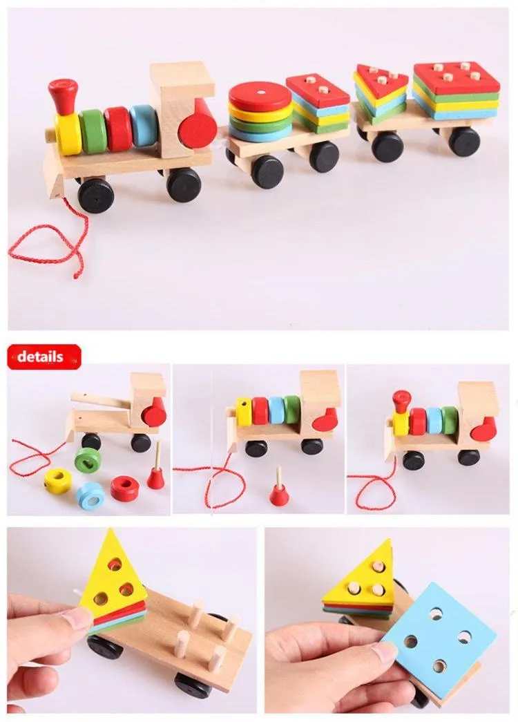 Wooden Small Train Toy Car Three Section Shape Drag Car Toy Children′ S Educational Toys Fun Early Education Building Blocks