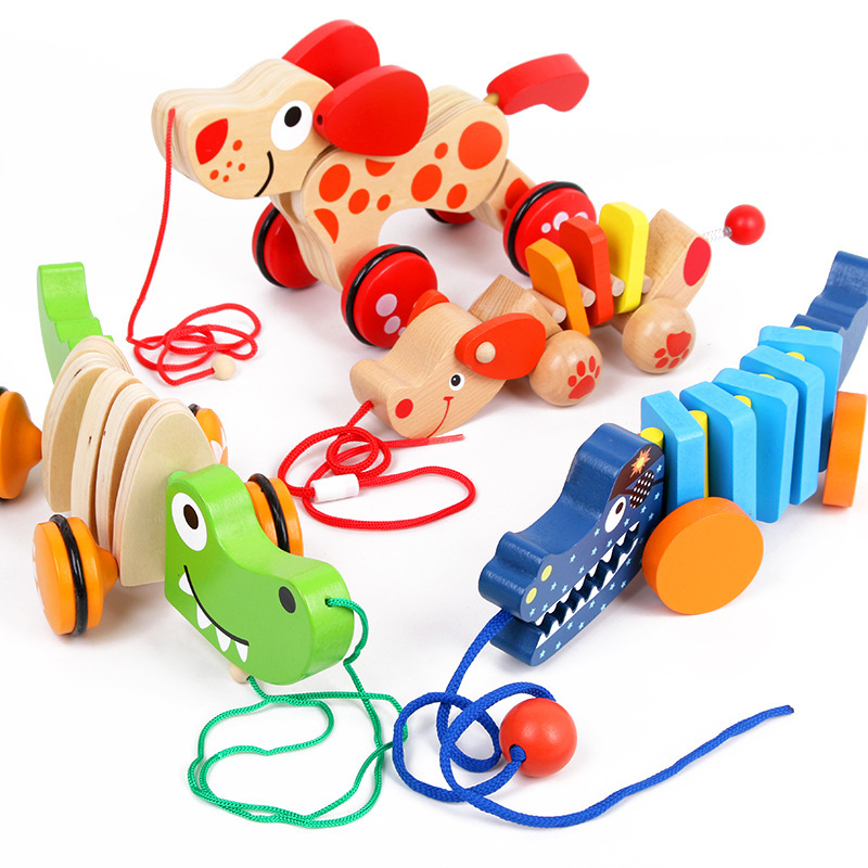 Children's Early Education Wood Rope Pulling Animal Crocodile Puppy Toddler Dragging Cart Funny Kids Animal Pull Car Toys