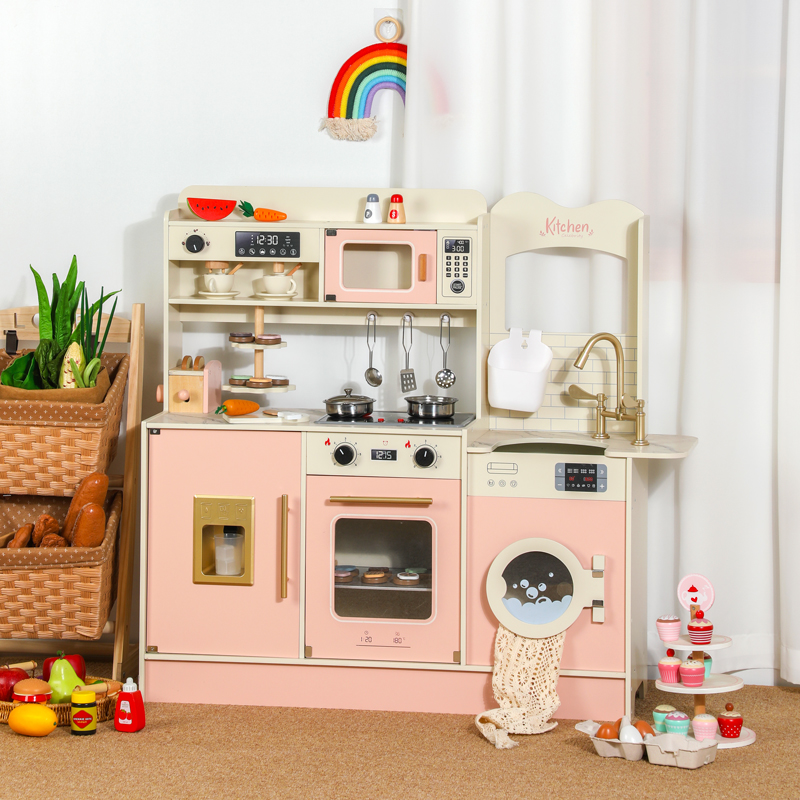 2024 New Multifunctional Customize Kids Pretend Play Cooking Coffee Maker Baking Kitchen Wooden Toy Set with Light Sounds