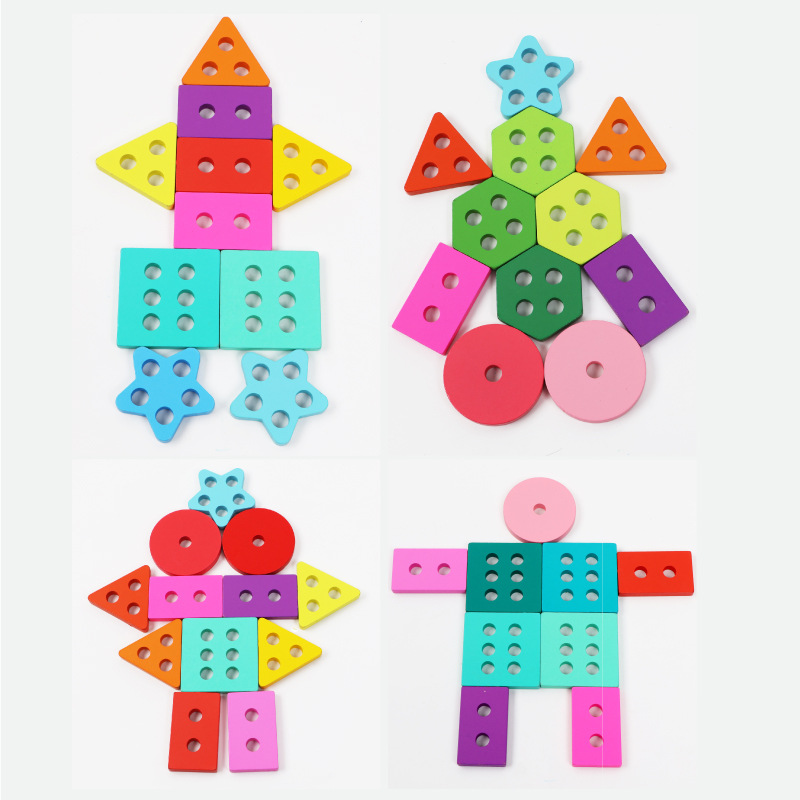 Five Sets Children's Wooden Montessori Geometric Shape Columns Early Education Matching Intelligence Educational Toys