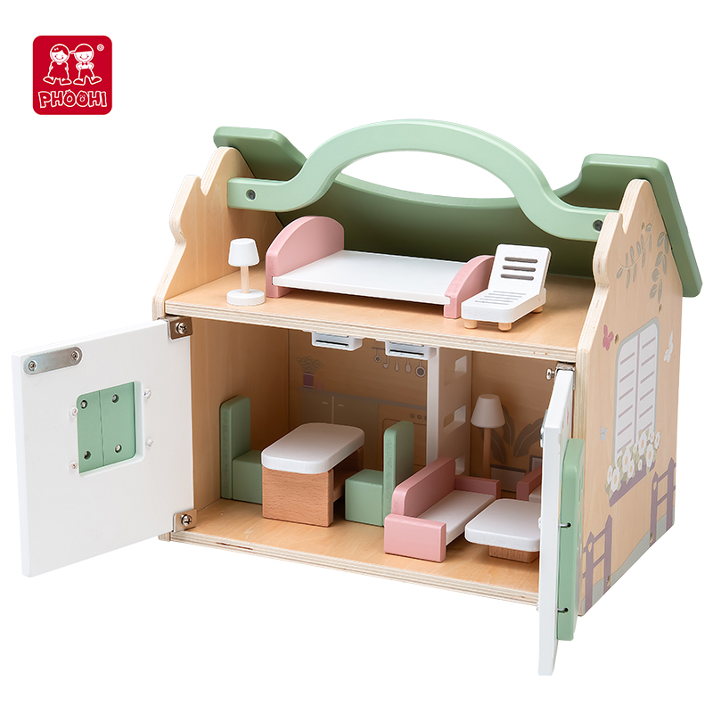 PHOOHI Kids Furniture Wooden Handheld Doll House, Wooden Two Story Villa Doll House Toy Set, with Mini Wooden Wood Unisex