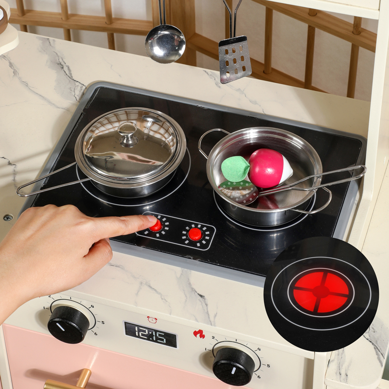 2024 New Multifunctional Customize Kids Pretend Play Cooking Coffee Maker Baking Kitchen Wooden Toy Set with Light Sounds