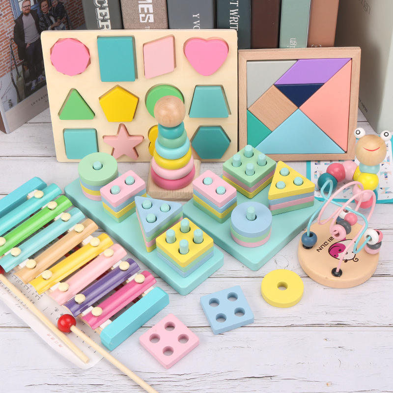 Wooden Educational Toy Set, Preschool Learning Building Blocks, Shapes Sorter, Xylophone, Bead Maze for Kids