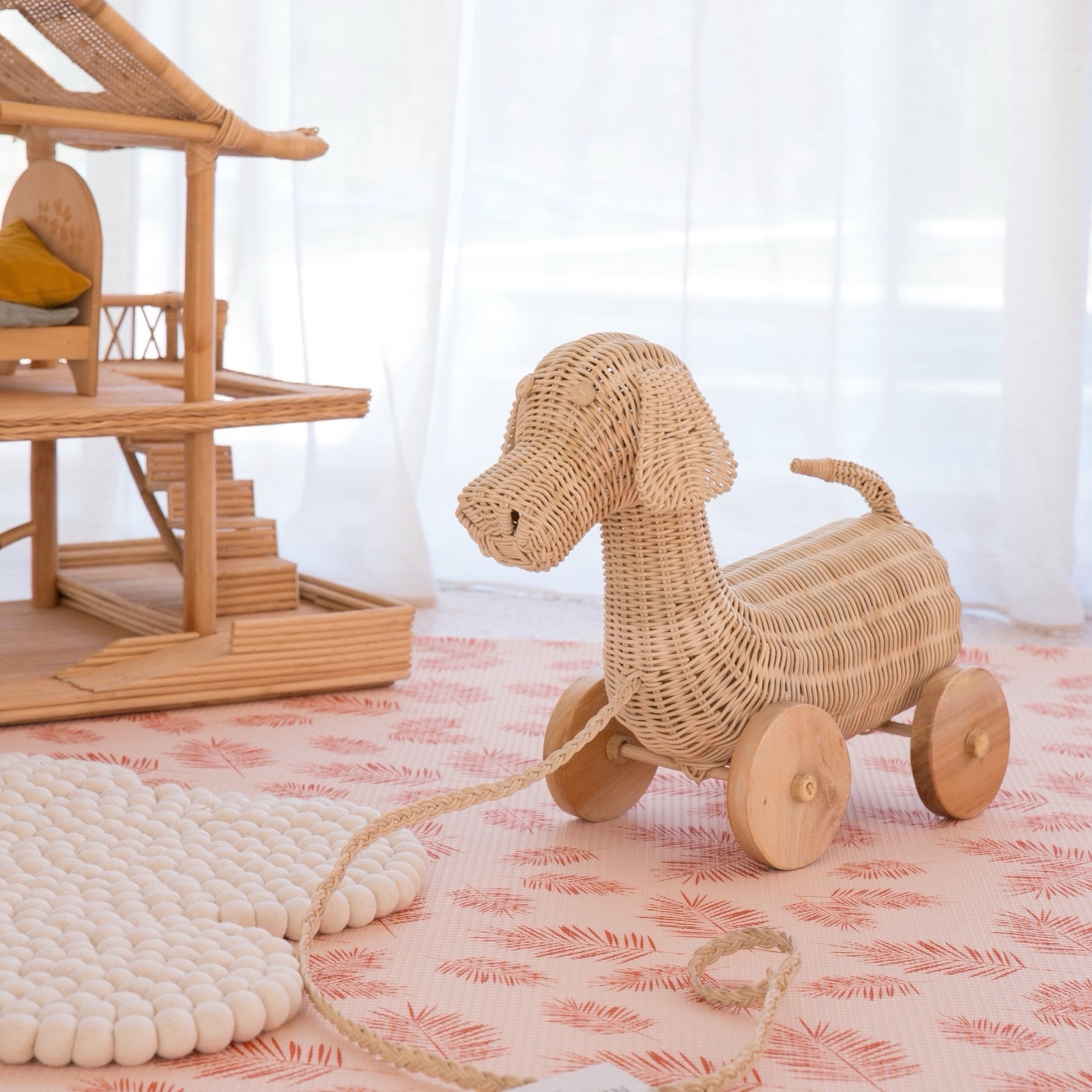 Playful Rattan Dog Pull Along Toy With Wooden Wheels Eco-friendly Durable Rattan Toys for Kids Suitable for Any Playroom