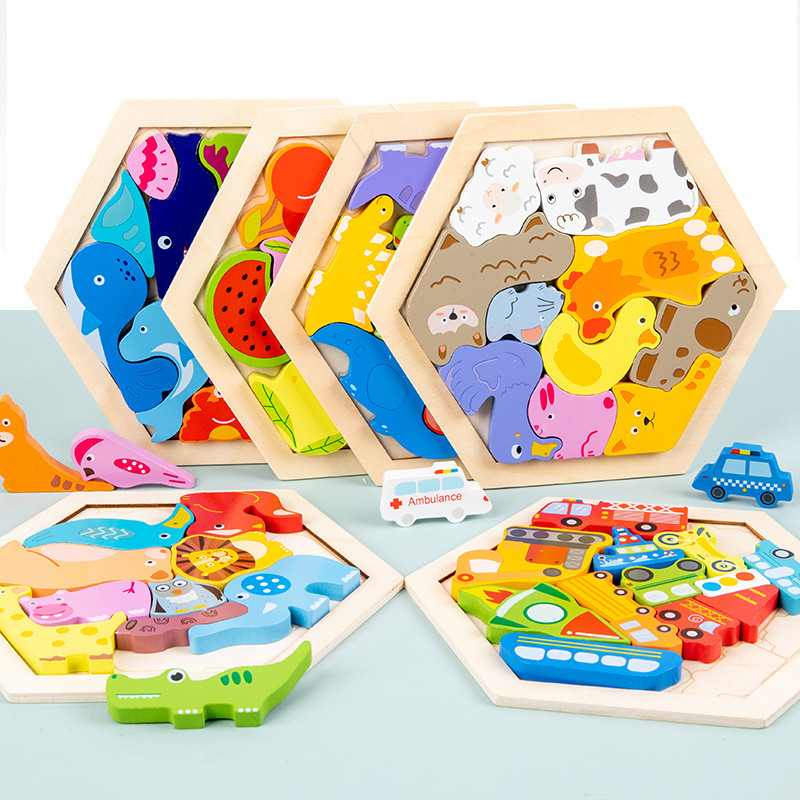 Educational Logic Thinking 3D Geometric Puzzle Toy Kids Shape Match Hexagon Animal Wooden Puzzle