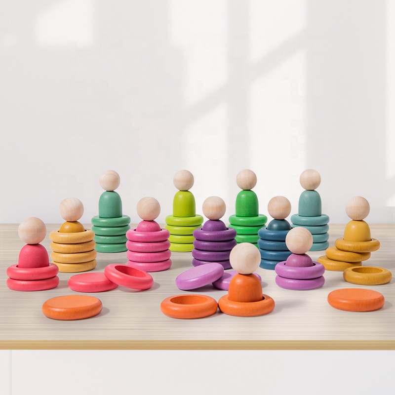 Hot Selling Rainbow Building Wooden Toys Puzzle Block Painted Wood Dolls Set for Kids Color Sorting Game Education