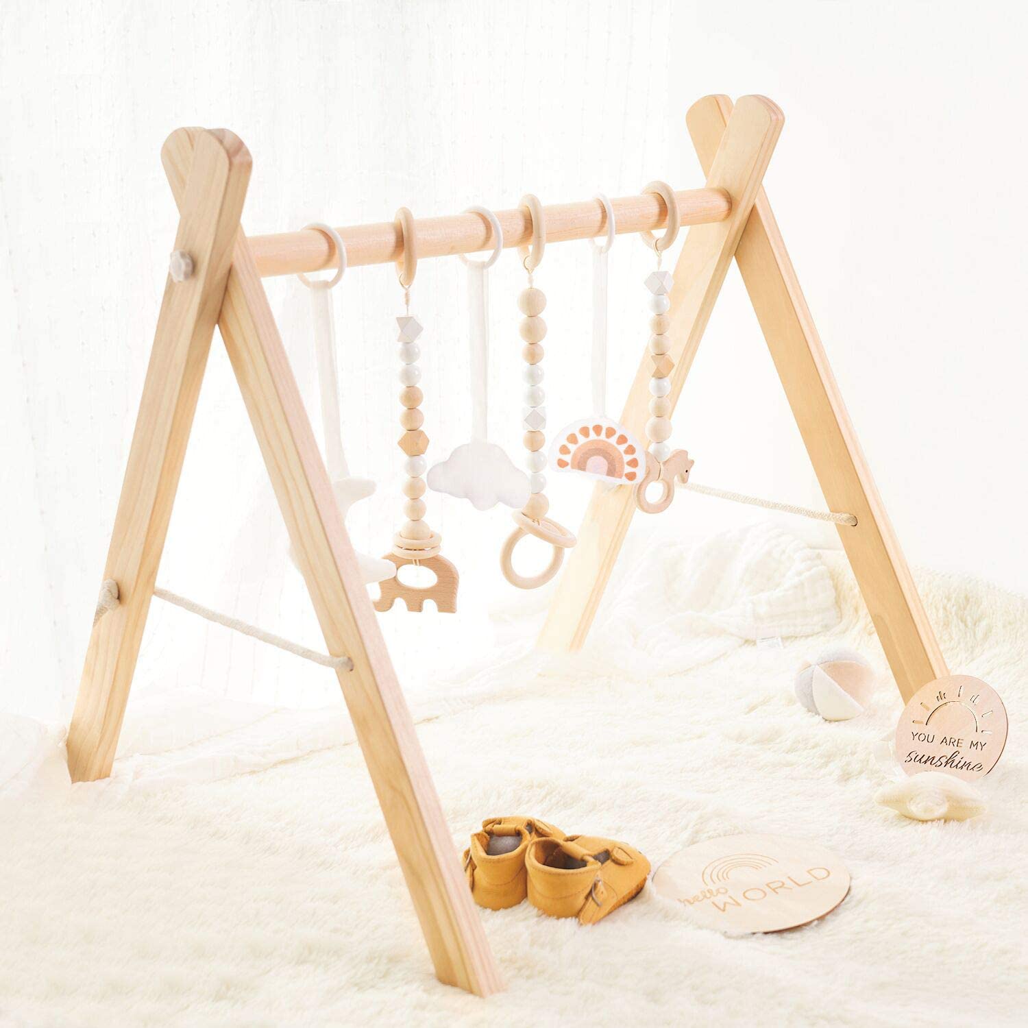 Wholesale Custom High Quality Wood Baby Gym With 3 Wooden Baby Teething Toys Baby Toys