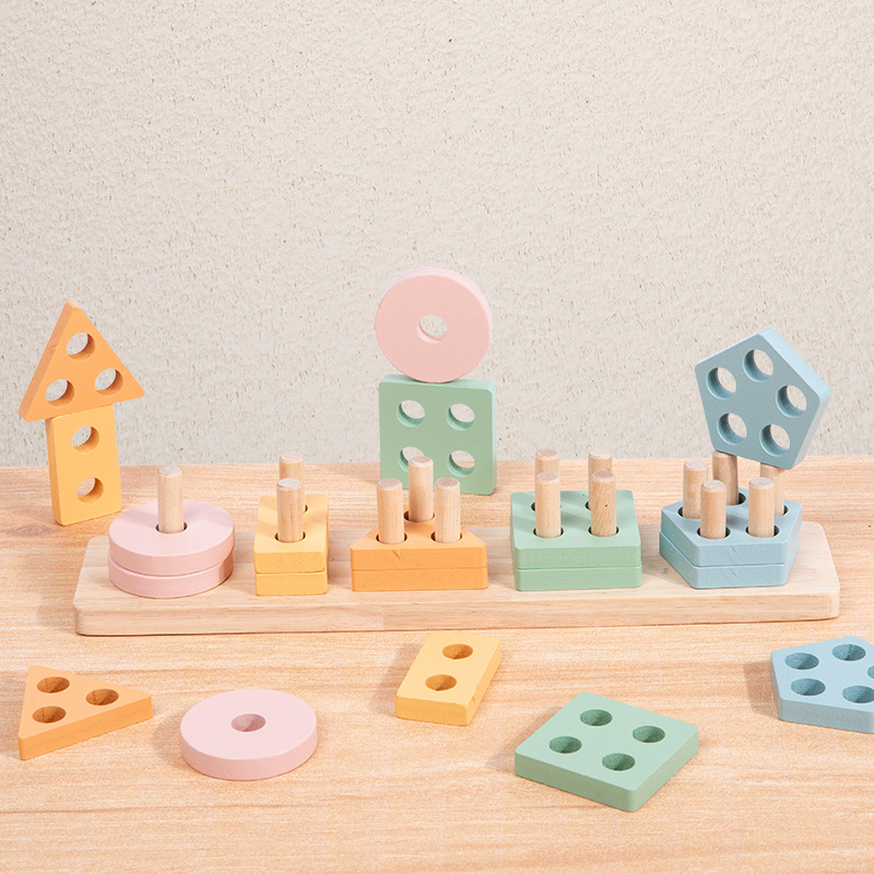 Five Sets Children's Wooden Montessori Geometric Shape Columns Early Education Matching Intelligence Educational Toys