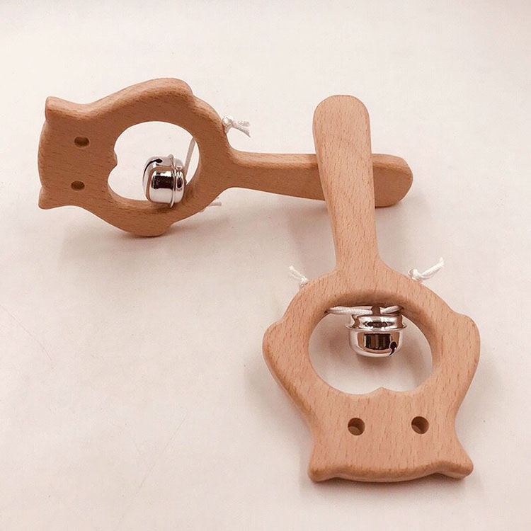 Hot Sale Baby Rattles Wooden Hand Bell Beech Wood Rattles Baby Toy