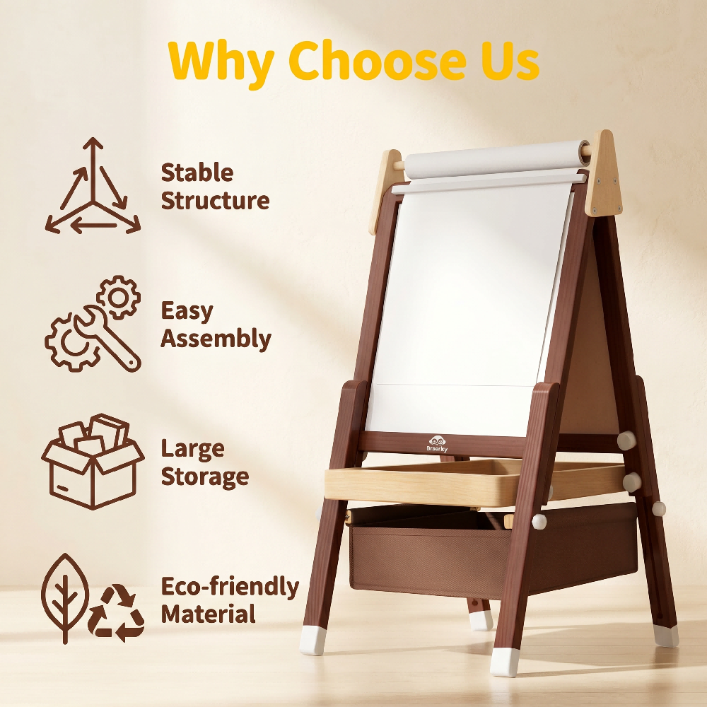 Eco Friendly Adjustable Wooden Easel for Kids Chalkboard Whiteboard Paper Roll Art Toy for Toddlers Made of Safe Material