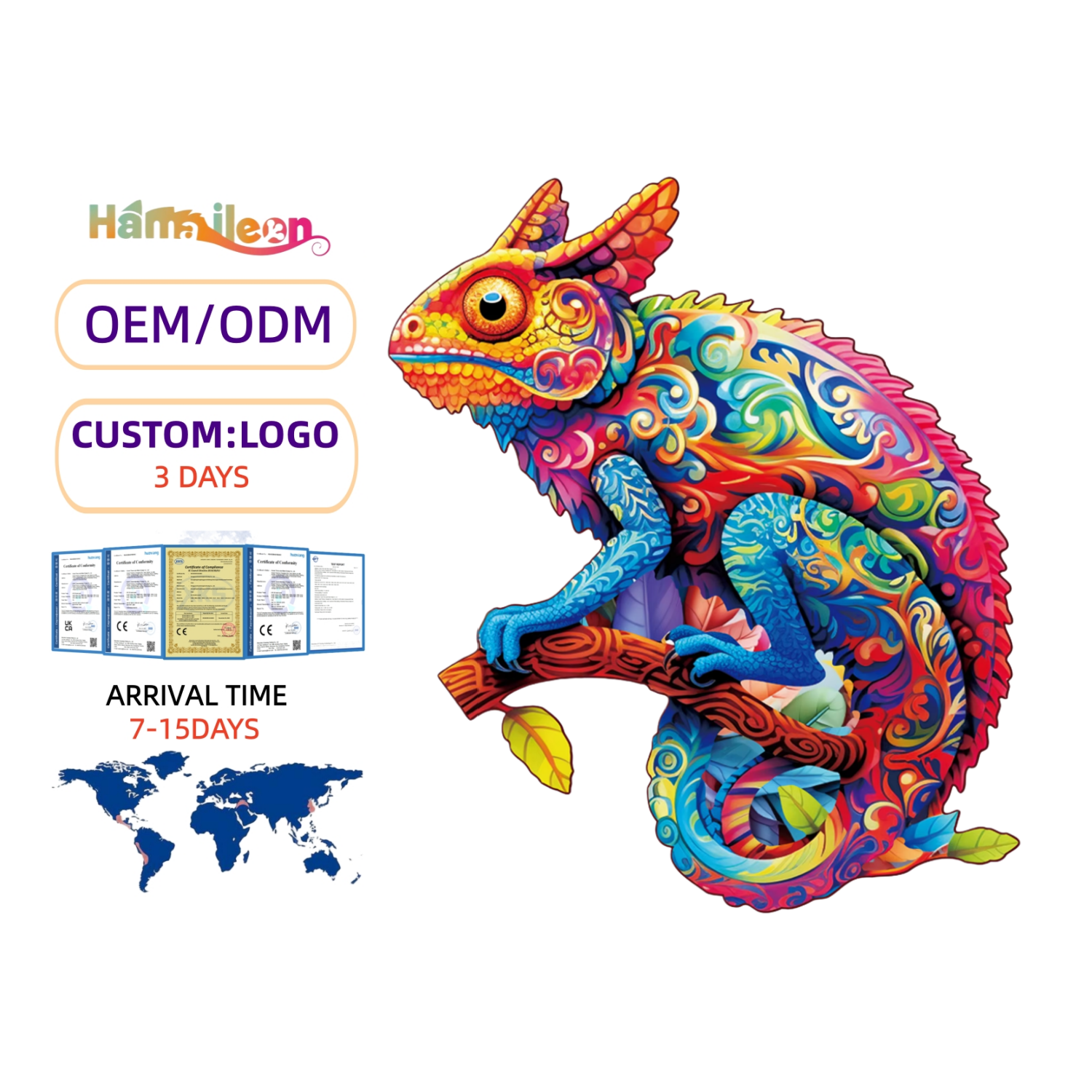 Hamaileon Chameleon Pattern 3D Wooden Jigsaw Puzzle DIY Educational Toys Irregular Animal Shapes Eco-friendly Laser Cutting Ages