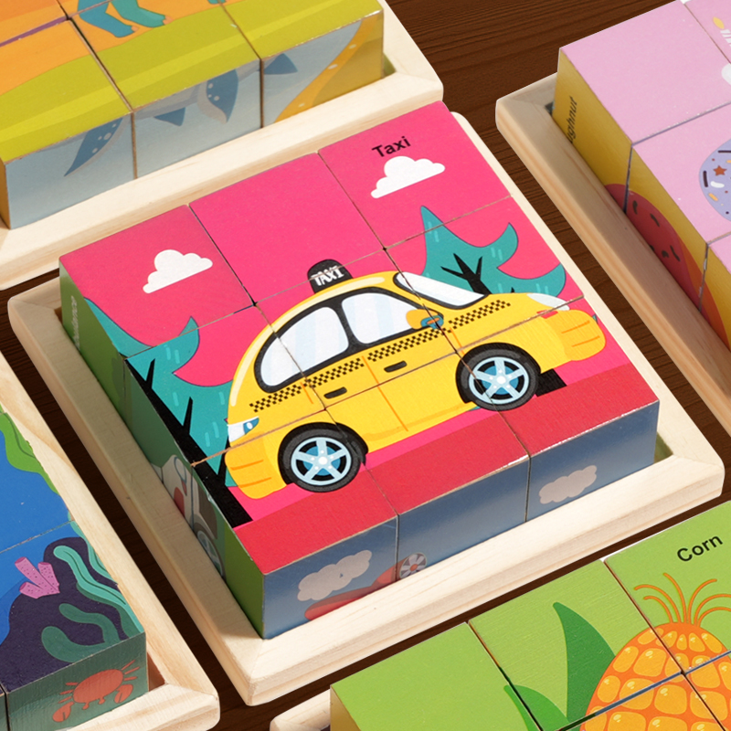 Children Wooden 6 Sides Animal 9 Cube Puzzle with Storage Tray Kids Educational Learning Montessori Toys for Toddlers