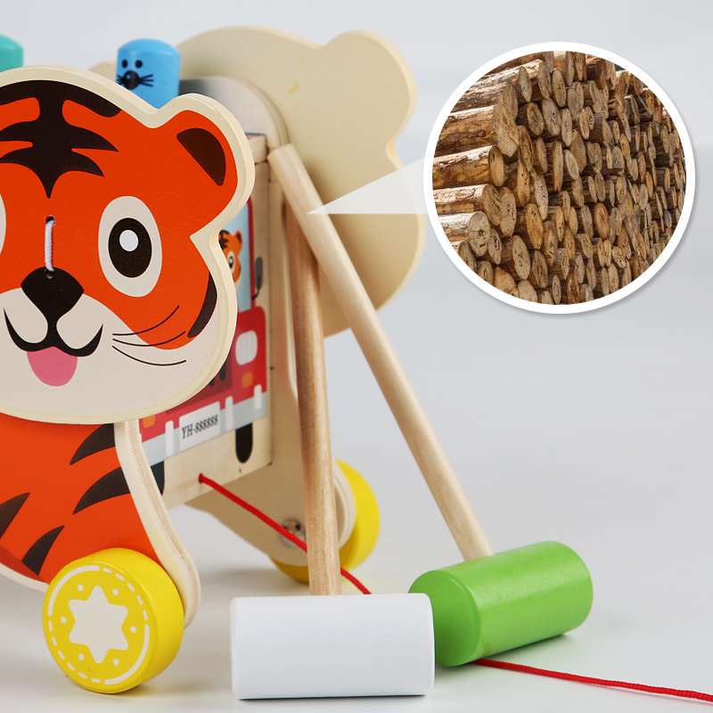 Montessori Educational Activity Toy 7 in 1 Wooden Pull Along Car Fishing Catching Music Hammer Pounding Toys for Kids Boys Girls