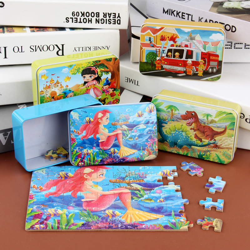 60-Piece Flat Puzzle for Children's Early Education Age 3-6 Iron Box Anime Cartoon Wooden Toys Made From Wood