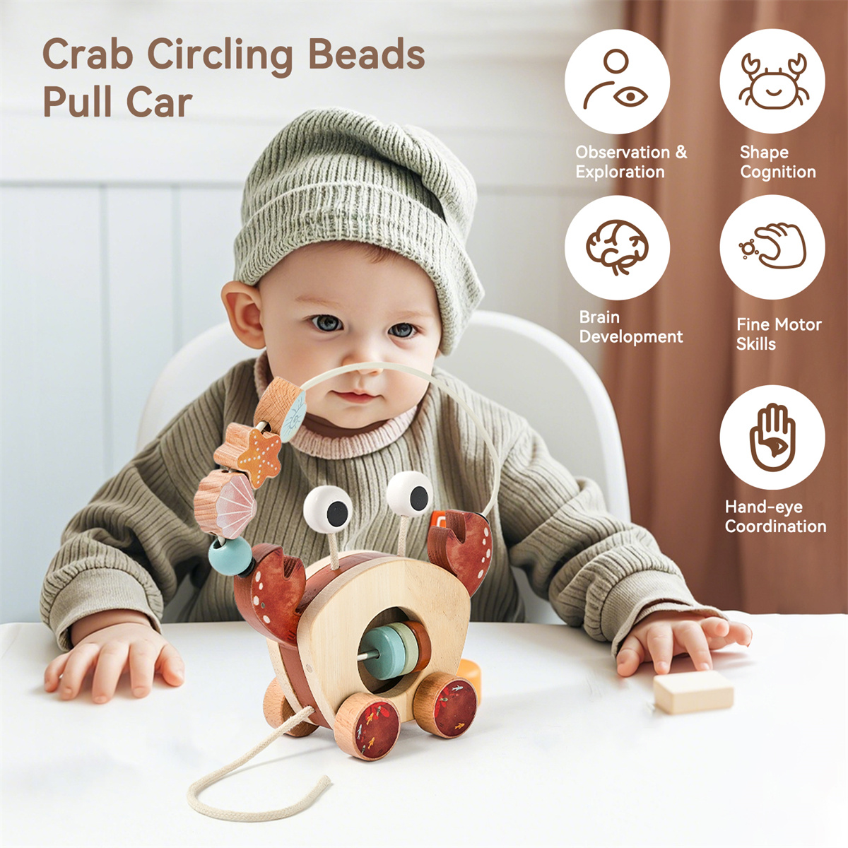 Crab Montessori Wooden Crab Pull Along Toy for Toddlers, Baby Bead Maze &amp; Rattle Educational Walking Toy Wooden Educational Toys